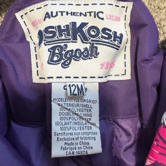 OshKosh B'gosh Purple Pink Heart Printed Kids Snow Bib Overalls Size 12m - Picture 9 of 9